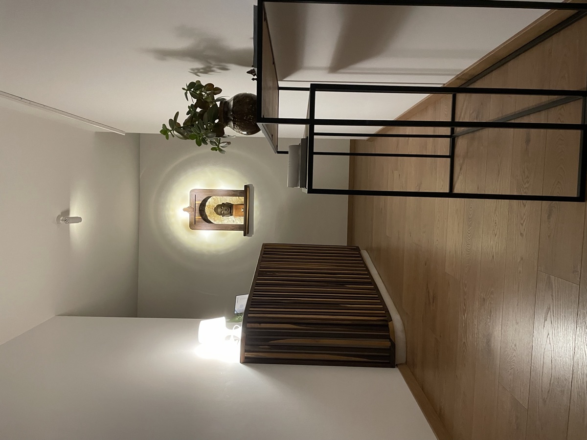 L’ingresso di Akaśastudio, con la nicchia illuminata e le piante